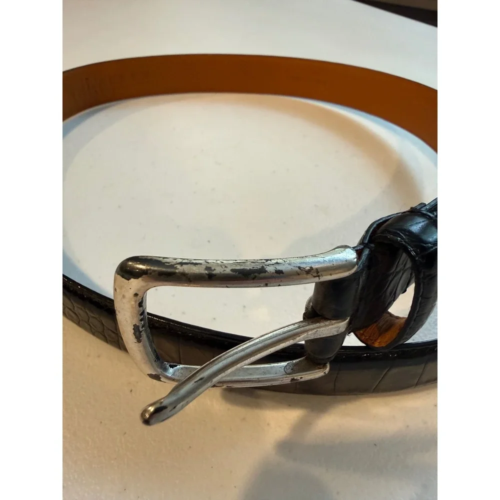 Lauren Ralph Lauren Black Croc Embossed Italian Leather Belt Silver Buckle L